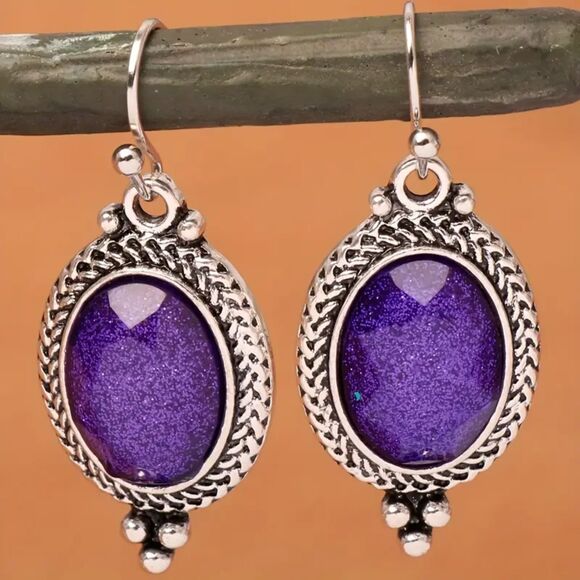 Silver Vintage Style Purple Oval Drop Earrings Dangle Pendant Fshion Jwlry Retro - Picture 2 of 6